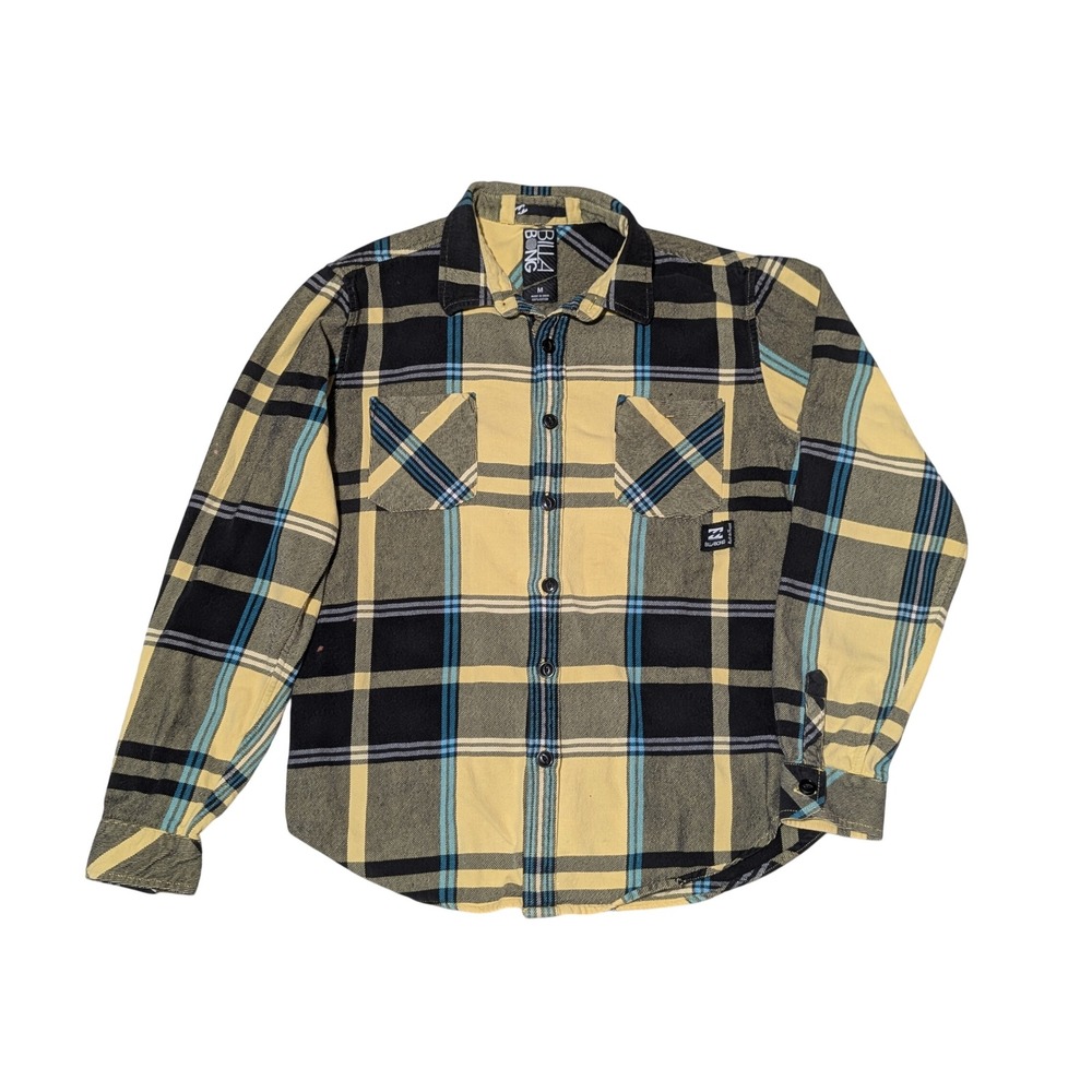 Billabong Flannel Shirt Mens M Yellow Black Blue Plaid Long Sleeve M516JCOL